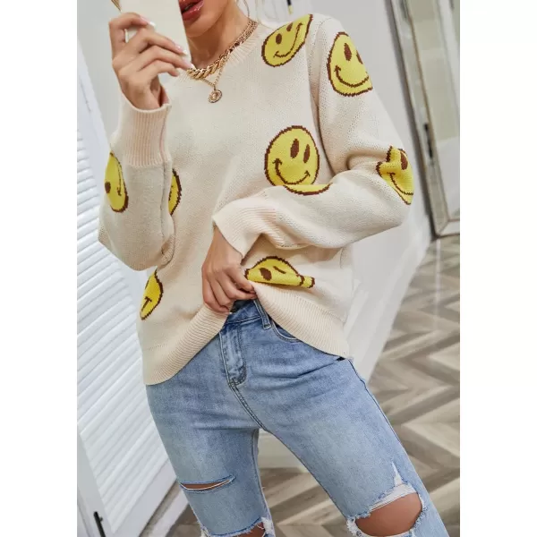 imagechouyatou Womens Cute Smile Face Jacquard Knitted Sweater Loose Fit Crewneck Pullover Jumper TopsApricot