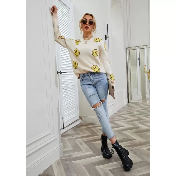 imagechouyatou Womens Cute Smile Face Jacquard Knitted Sweater Loose Fit Crewneck Pullover Jumper TopsApricot