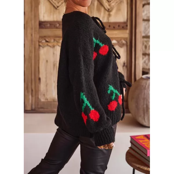 imagechouyatou Womens Cute Y2K Cherry Tie Knot Cardigan Casual Loose Crewneck Chunky Knit Sweater CardiganBlack