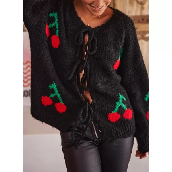 imagechouyatou Womens Cute Y2K Cherry Tie Knot Cardigan Casual Loose Crewneck Chunky Knit Sweater CardiganBlack