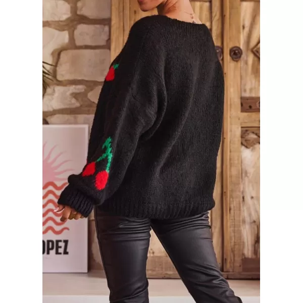 imagechouyatou Womens Cute Y2K Cherry Tie Knot Cardigan Casual Loose Crewneck Chunky Knit Sweater CardiganBlack