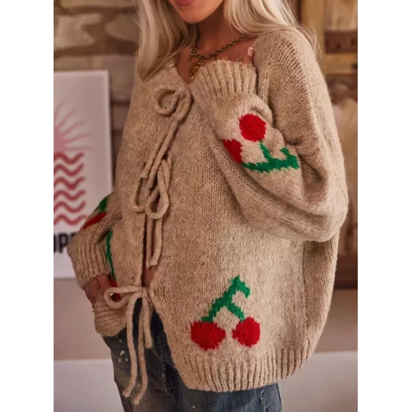 imagechouyatou Womens Cute Y2K Cherry Tie Knot Cardigan Casual Loose Crewneck Chunky Knit Sweater CardiganKhaki