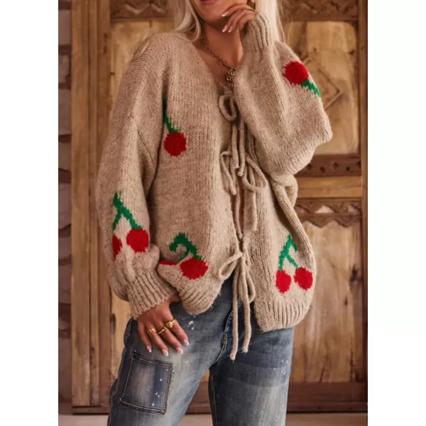 imagechouyatou Womens Cute Y2K Cherry Tie Knot Cardigan Casual Loose Crewneck Chunky Knit Sweater CardiganKhaki