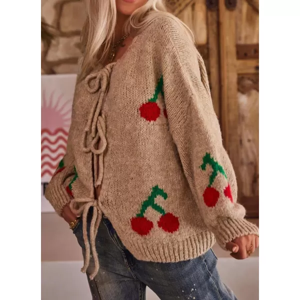 imagechouyatou Womens Cute Y2K Cherry Tie Knot Cardigan Casual Loose Crewneck Chunky Knit Sweater CardiganKhaki