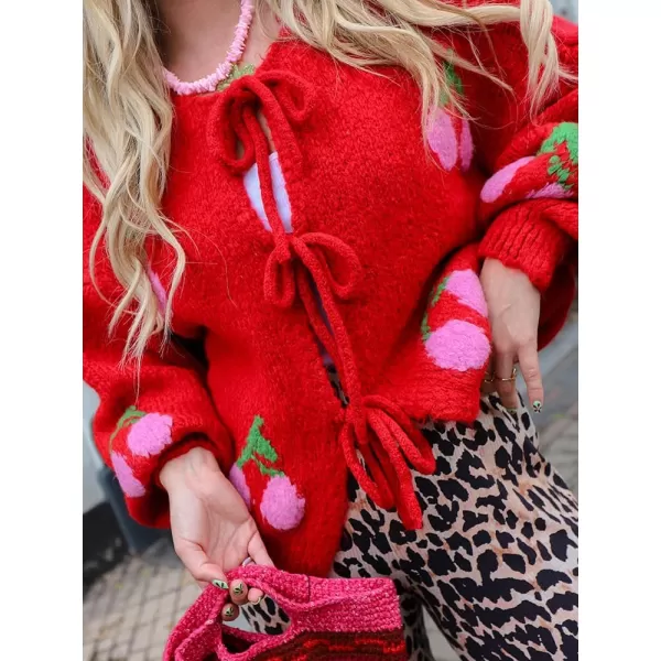 imagechouyatou Womens Cute Y2K Cherry Tie Knot Cardigan Casual Loose Crewneck Chunky Knit Sweater CardiganRed