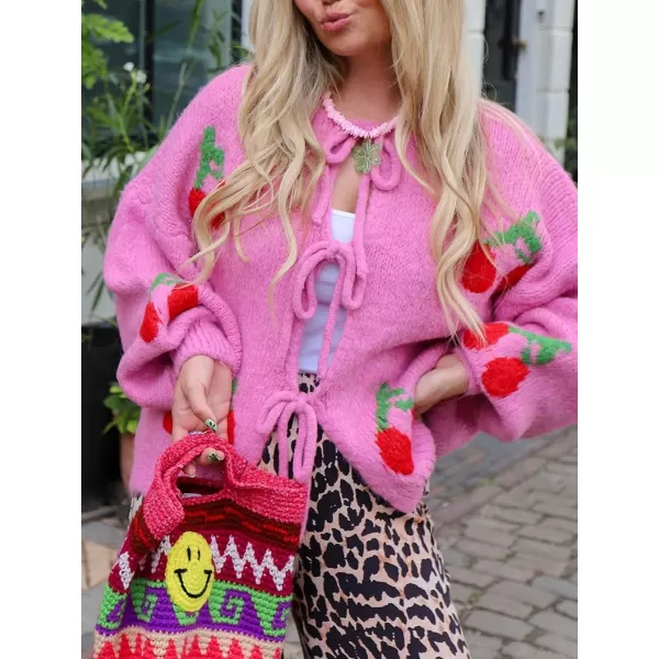 imagechouyatou Womens Cute Y2K Cherry Tie Knot Cardigan Casual Loose Crewneck Chunky Knit Sweater CardiganRose Pink