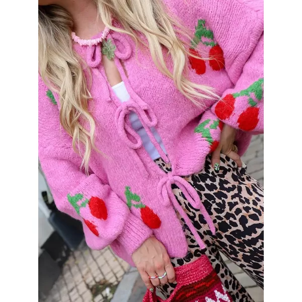 imagechouyatou Womens Cute Y2K Cherry Tie Knot Cardigan Casual Loose Crewneck Chunky Knit Sweater CardiganRose Pink