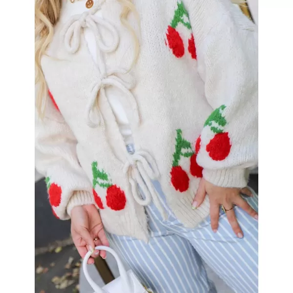 imagechouyatou Womens Cute Y2K Cherry Tie Knot Cardigan Casual Loose Crewneck Chunky Knit Sweater CardiganWhite