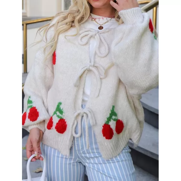 imagechouyatou Womens Cute Y2K Cherry Tie Knot Cardigan Casual Loose Crewneck Chunky Knit Sweater CardiganWhite