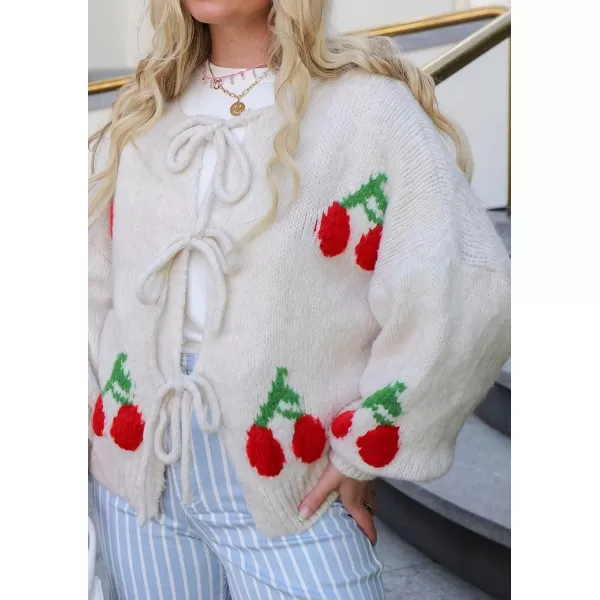 imagechouyatou Womens Cute Y2K Cherry Tie Knot Cardigan Casual Loose Crewneck Chunky Knit Sweater CardiganWhite