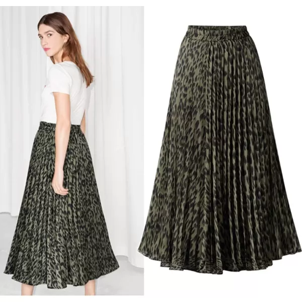imagechouyatou Womens Elastic Waist Leopard Print ALine Pleated Swing Midi Length Full SkirtGreenleopard