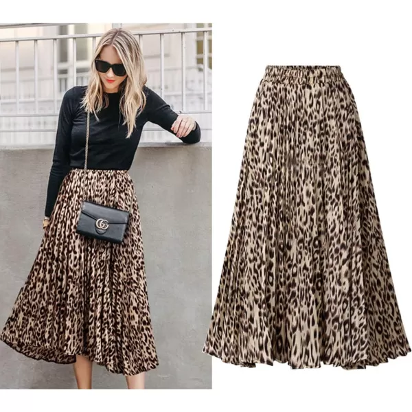 imagechouyatou Womens Elastic Waist Leopard Print ALine Pleated Swing Midi Length Full SkirtKhakileopard