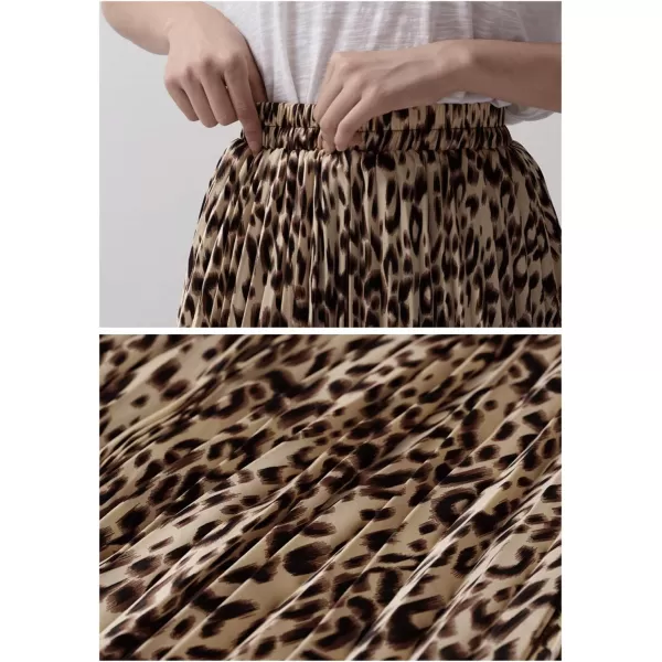 imagechouyatou Womens Elastic Waist Leopard Print ALine Pleated Swing Midi Length Full SkirtKhakileopard