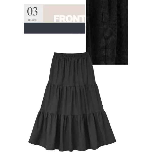 imagechouyatou Womens Elegant Corduroy Ruffle Midi Long Skirt Elastic Waist Flounce Hem Swing Tiered SkirtBlack