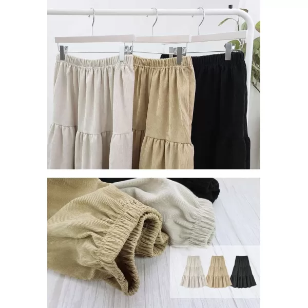 imagechouyatou Womens Elegant Corduroy Ruffle Midi Long Skirt Elastic Waist Flounce Hem Swing Tiered SkirtBlack