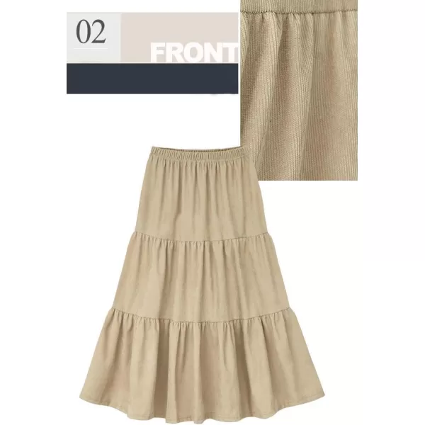 imagechouyatou Womens Elegant Corduroy Ruffle Midi Long Skirt Elastic Waist Flounce Hem Swing Tiered SkirtKhaki