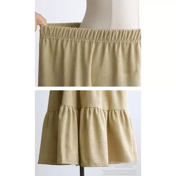 imagechouyatou Womens Elegant Corduroy Ruffle Midi Long Skirt Elastic Waist Flounce Hem Swing Tiered SkirtKhaki