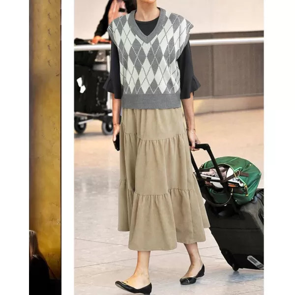 imagechouyatou Womens Elegant Corduroy Ruffle Midi Long Skirt Elastic Waist Flounce Hem Swing Tiered SkirtKhaki