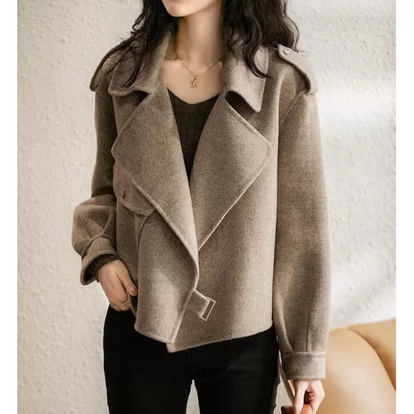 imagechouyatou Womens Fall Casual Cropped Wool Coat Open Front Loose Dressy Blazer Jacket Short Trench CoatBrown