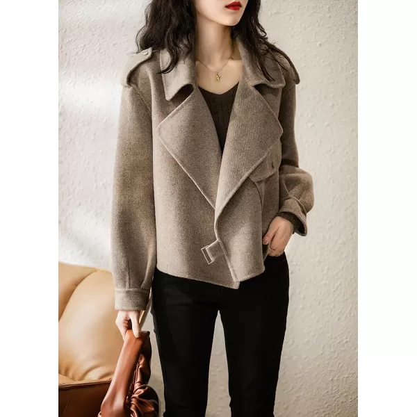 imagechouyatou Womens Fall Casual Cropped Wool Coat Open Front Loose Dressy Blazer Jacket Short Trench CoatBrown