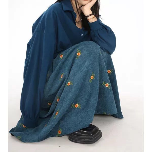 imagechouyatou Womens Fall Cute Floral Printed Elastic High Waist A Line Corduroy Long Midi Skirt with PocketsBlue