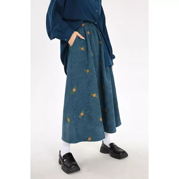imagechouyatou Womens Fall Cute Floral Printed Elastic High Waist A Line Corduroy Long Midi Skirt with PocketsBlue
