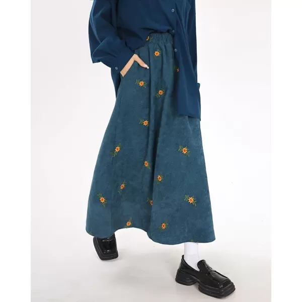 imagechouyatou Womens Fall Cute Floral Printed Elastic High Waist A Line Corduroy Long Midi Skirt with PocketsBlue