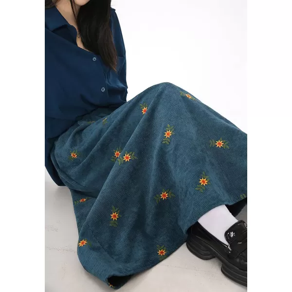 imagechouyatou Womens Fall Cute Floral Printed Elastic High Waist A Line Corduroy Long Midi Skirt with PocketsBlue