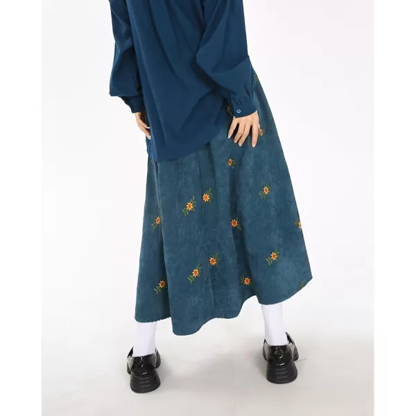 imagechouyatou Womens Fall Cute Floral Printed Elastic High Waist A Line Corduroy Long Midi Skirt with PocketsBlue