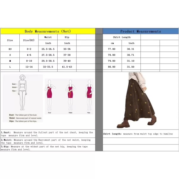 imagechouyatou Womens Fall Cute Floral Printed Elastic High Waist A Line Corduroy Long Midi Skirt with PocketsBrown
