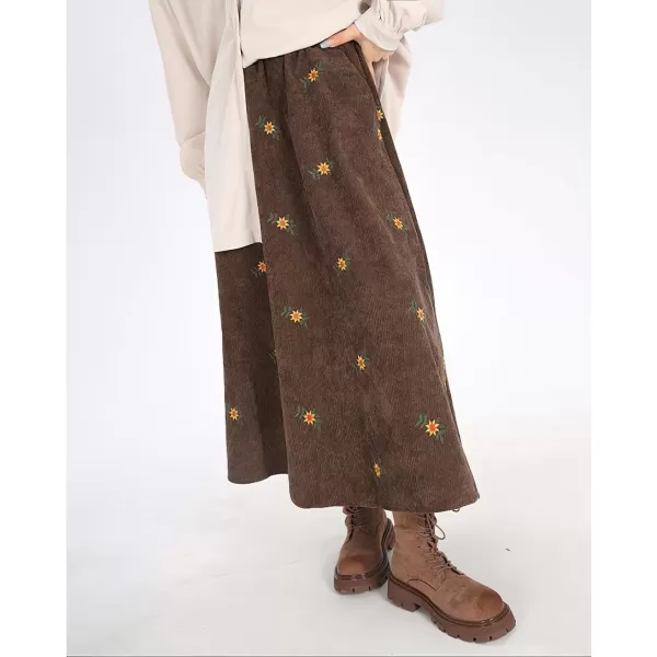 imagechouyatou Womens Fall Cute Floral Printed Elastic High Waist A Line Corduroy Long Midi Skirt with PocketsBrown