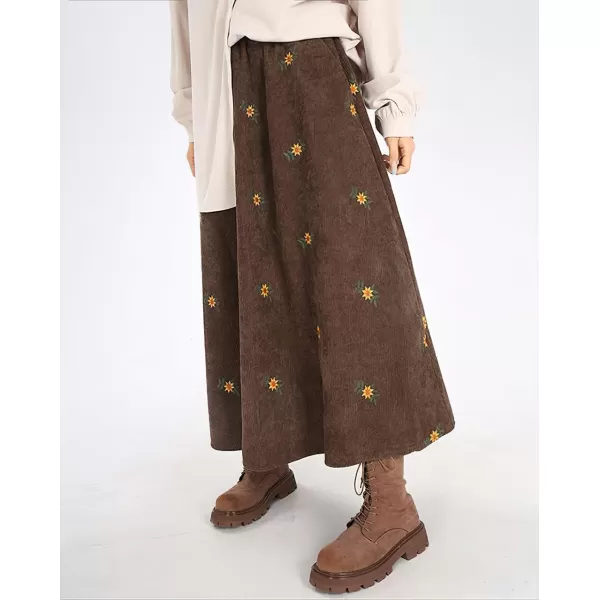 imagechouyatou Womens Fall Cute Floral Printed Elastic High Waist A Line Corduroy Long Midi Skirt with PocketsBrown