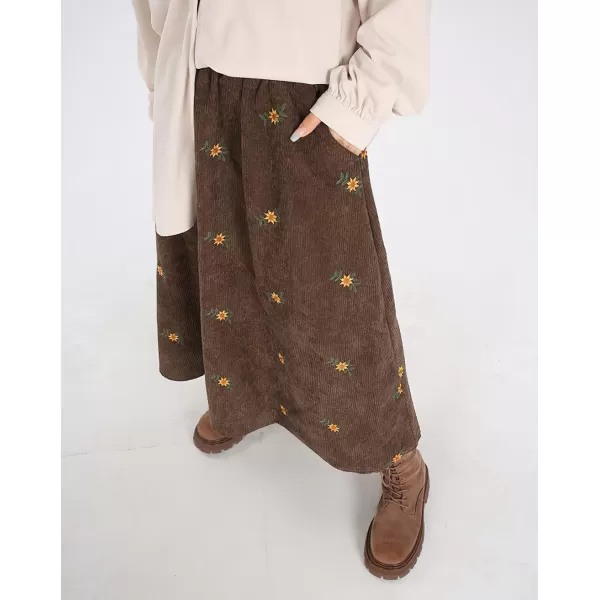 imagechouyatou Womens Fall Cute Floral Printed Elastic High Waist A Line Corduroy Long Midi Skirt with PocketsBrown