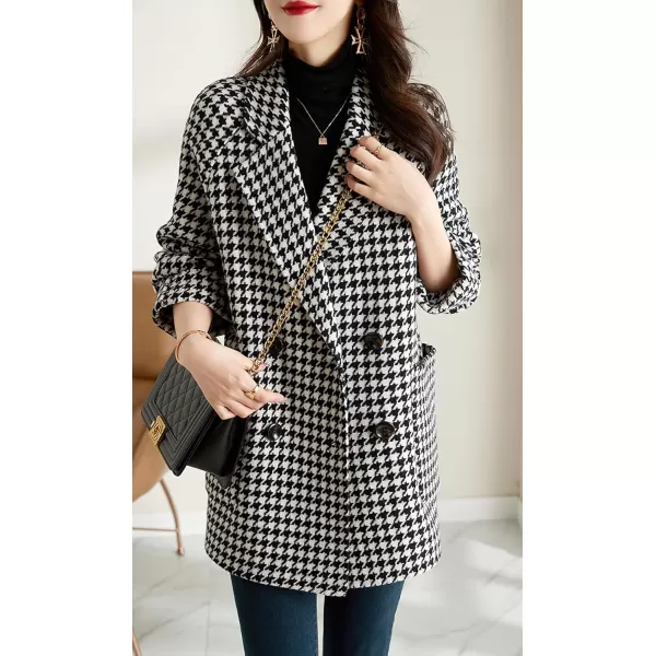 imagechouyatou Womens Fall Winter Casual Business Plaid Wool Coat Loose Double Breasted Dressy Blazer Pea CoatPlaid Black
