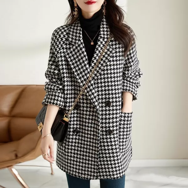 imagechouyatou Womens Fall Winter Casual Business Plaid Wool Coat Loose Double Breasted Dressy Blazer Pea CoatPlaid Black
