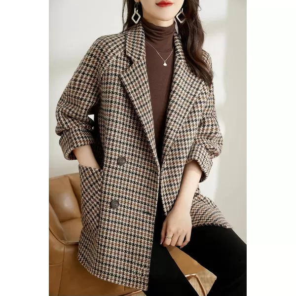imagechouyatou Womens Fall Winter Casual Business Plaid Wool Coat Loose Double Breasted Dressy Blazer Pea CoatPlaid Brown