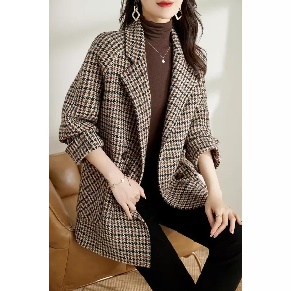 imagechouyatou Womens Fall Winter Casual Business Plaid Wool Coat Loose Double Breasted Dressy Blazer Pea CoatPlaid Brown