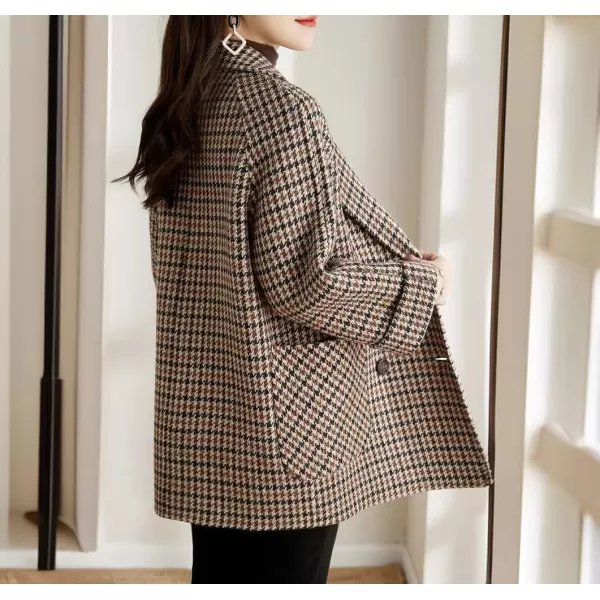 imagechouyatou Womens Fall Winter Casual Business Plaid Wool Coat Loose Double Breasted Dressy Blazer Pea CoatPlaid Brown