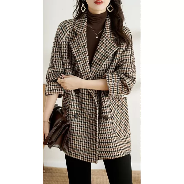 imagechouyatou Womens Fall Winter Casual Business Plaid Wool Coat Loose Double Breasted Dressy Blazer Pea CoatPlaid Brown