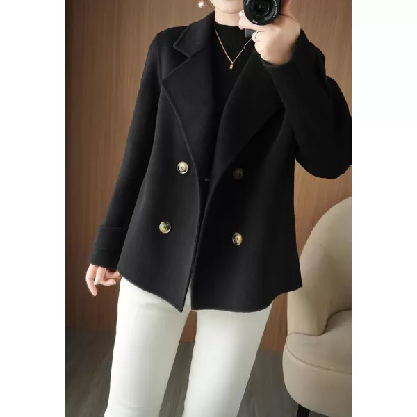 imagechouyatou Womens Fall Winter Casual Business Wool Blend Coat Loose Double Breasted Dressy Blazer Pea CoatBlack