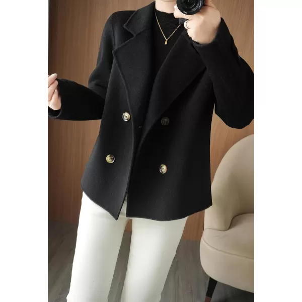 imagechouyatou Womens Fall Winter Casual Business Wool Blend Coat Loose Double Breasted Dressy Blazer Pea CoatBlack