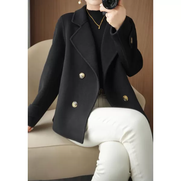 imagechouyatou Womens Fall Winter Casual Business Wool Blend Coat Loose Double Breasted Dressy Blazer Pea CoatBlack