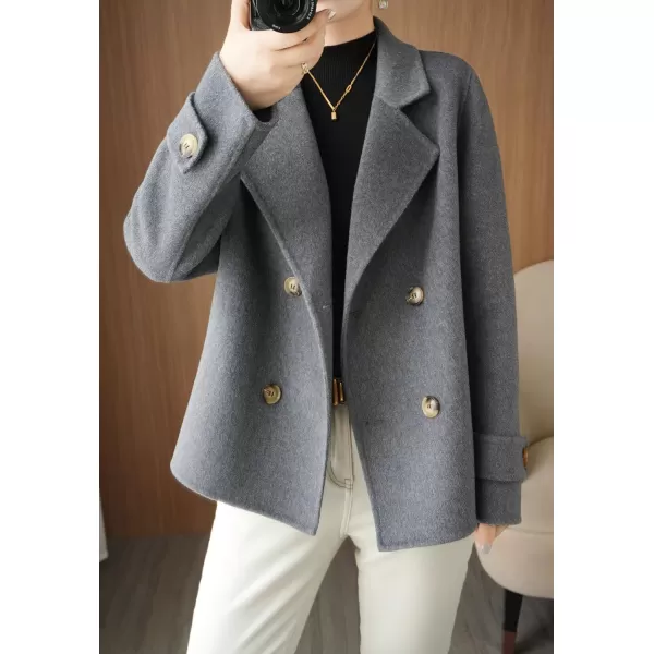 imagechouyatou Womens Fall Winter Casual Business Wool Blend Coat Loose Double Breasted Dressy Blazer Pea CoatGrey
