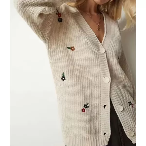 imagechouyatou Womens Floral Embroidered Cardigans Button Down VNeck Knit Cardigan Sweater Coat OuterwearBeige