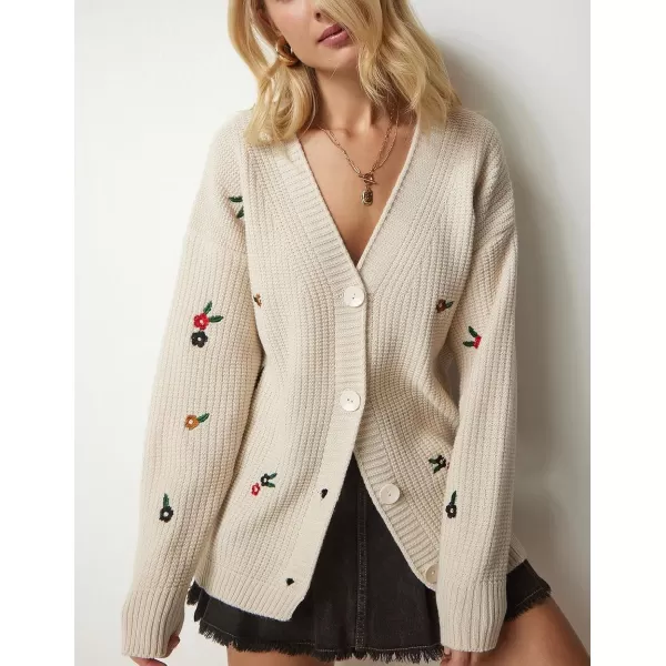 imagechouyatou Womens Floral Embroidered Cardigans Button Down VNeck Knit Cardigan Sweater Coat OuterwearBeige