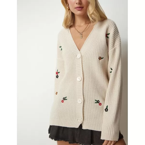 imagechouyatou Womens Floral Embroidered Cardigans Button Down VNeck Knit Cardigan Sweater Coat OuterwearBeige