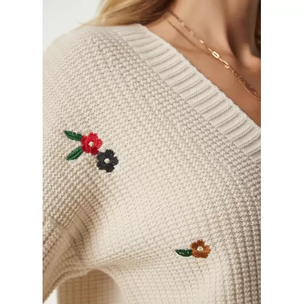 imagechouyatou Womens Floral Embroidered Cardigans Button Down VNeck Knit Cardigan Sweater Coat OuterwearBeige