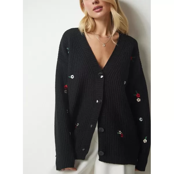 imagechouyatou Womens Floral Embroidered Cardigans Button Down VNeck Knit Cardigan Sweater Coat OuterwearBlack