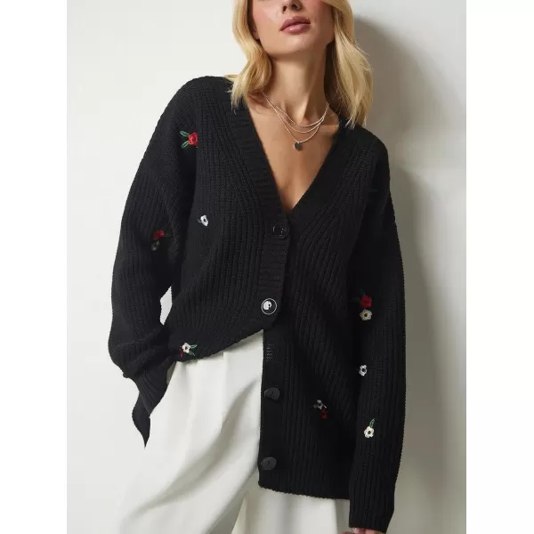 imagechouyatou Womens Floral Embroidered Cardigans Button Down VNeck Knit Cardigan Sweater Coat OuterwearBlack