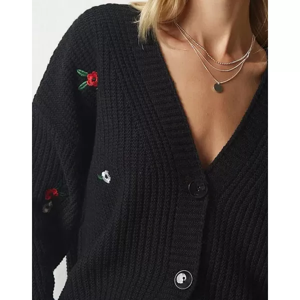 imagechouyatou Womens Floral Embroidered Cardigans Button Down VNeck Knit Cardigan Sweater Coat OuterwearBlack